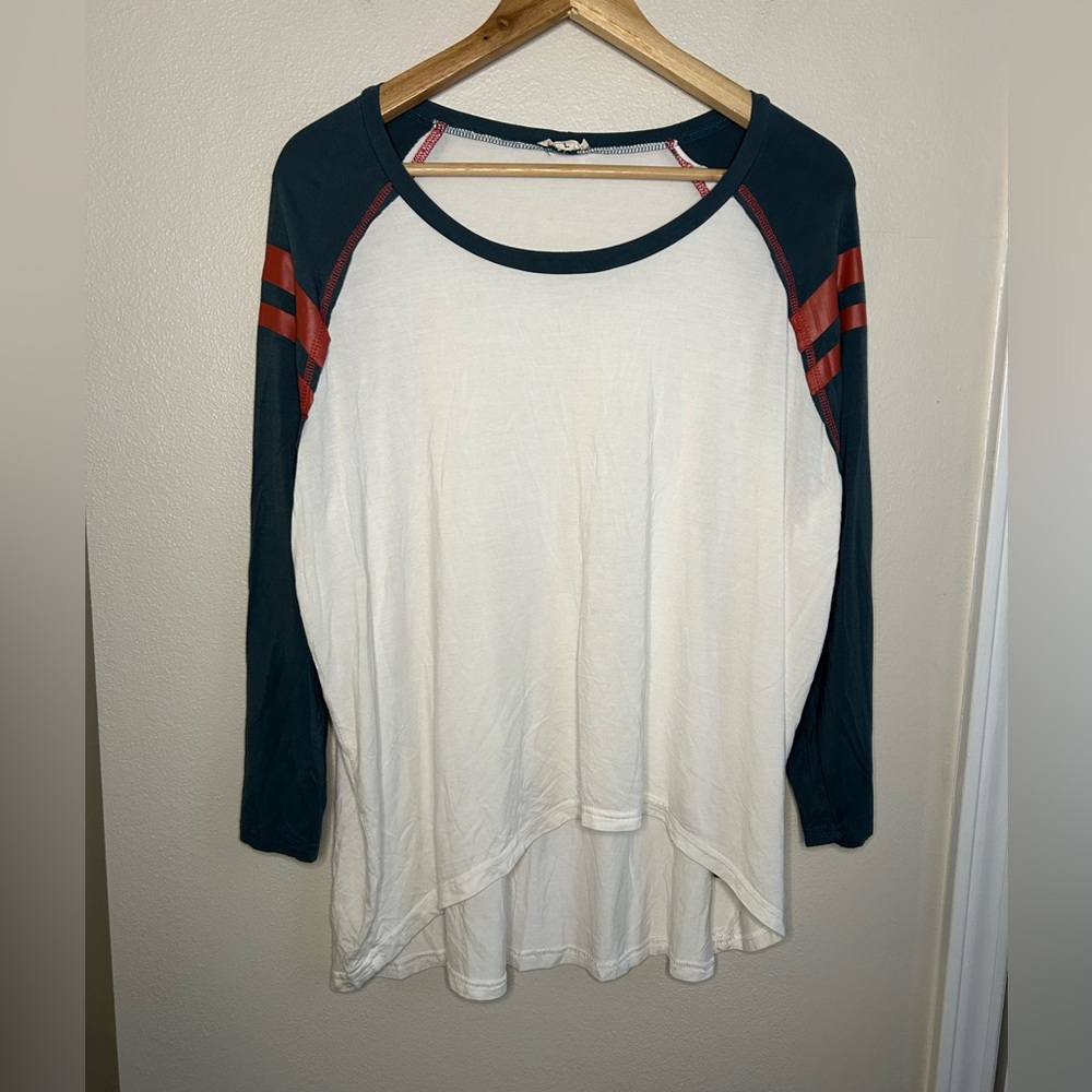 POL Women's Raglan Baseball Tee Shirt White Blue Red Size L